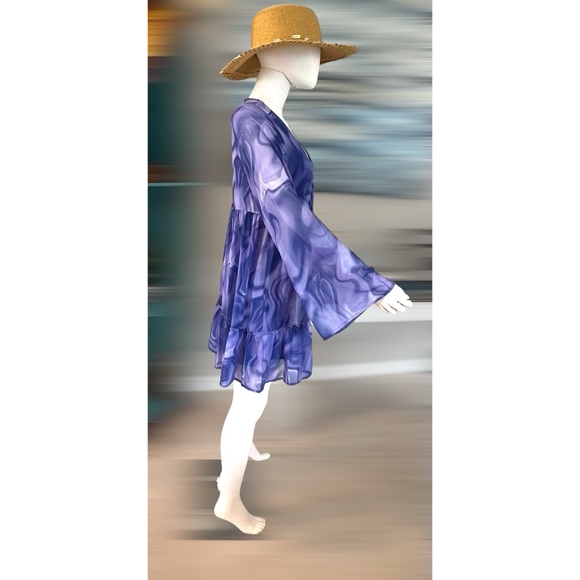 PEACH LOVE CALIFORNIA Purple swirl flare sleeve tunic dress S M - Picture 5 of 7